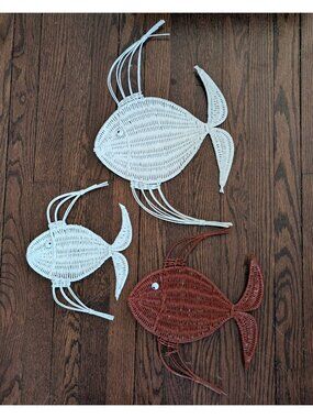 Vtg Set of 3 Wicker Wall Hanging Angel Fish Beach Cottage Boho Nautical 18-10"